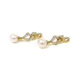 A pair of 18 ct yellow gold, diamond and cultured pearl drop earrings