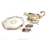 A silver plated card tray, William Hutton & Sons and other items