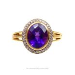 A 9 ct yellow gold on sterling silver, large, amethyst and diamond dress ring