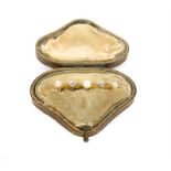 An Edwardian,18 ct yellow gold, diamond and pearl bar brooch in original box