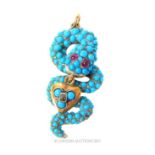 A 19th century, 14 ct yellow gold, turquoise, diamond and ruby snake pendant