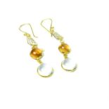 A pair of 14 ct yellow gold, diamond, moonstone and citrine drop earrings