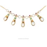 A 9 ct yellow gold, Jugendstil, moonstone, ruby and emerald necklace
