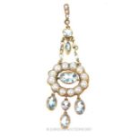 An Edwardian, 9 ct yellow gold, aquamarine and pearl set pendant