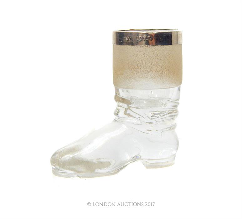 A late Victorian novelty glass match holder in the form of a boot, with a sterling silver collar - Image 2 of 3