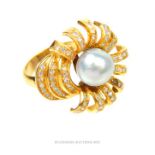 A vintage, 18 ct yellow gold, natural grey pearl and diamond dress ring