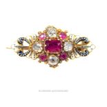 An antique, Carlo Giuliano, ruby, diamond and enamel brooch