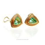 A spectacular pair of 18 ct yellow gold and large, emerald stud earrings