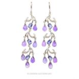 A boxed pair of 18 ct white gold, diamond, amethyst an iolite chandelier drop earrings