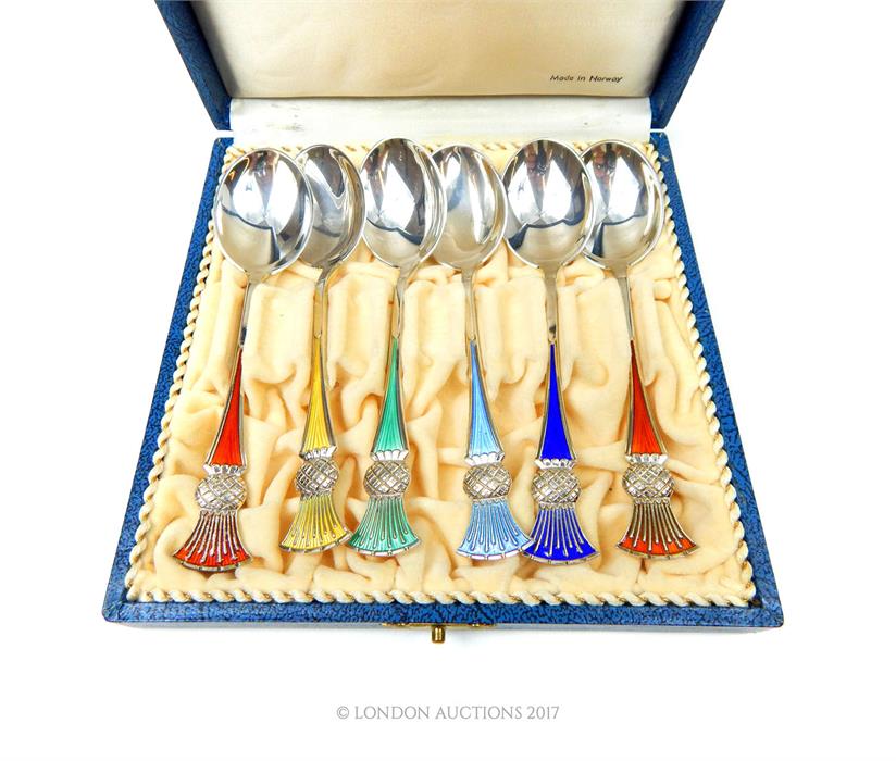 A cased set of six Norwegian sterling silver and enamelled teaspoons