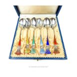 A cased set of six Norwegian sterling silver and enamelled teaspoons