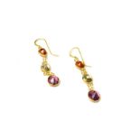 A delicate pair of 14 ct yellow gold, tourmaline and garnet, drop earrings