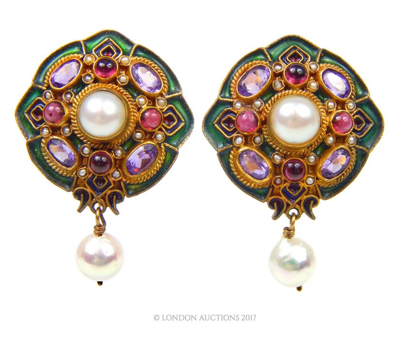 A pair of hand-enamelled and gem-set 'Percossi Papi' Italian clip earrings - Image 2 of 3