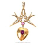 A French, antique, 9 ct yellow gold, love-birds pendant set with rubies and seed pearls
