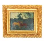 An early 20th century, naive depiction of two horses in front of a hedge, oil on board; unsigned;