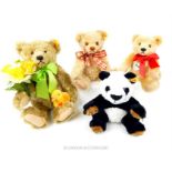 Four Steiff soft toys with four teddy's with articulated limbs and a panda (non-articulated