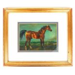 Unsigned, A framed, original, oil painting of a brown horse within a landscape