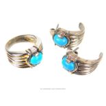 A handmade, Persian, sterling silver and turquoise earrings and ring set