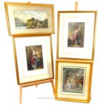 Three, large,19th century gilt-framed prints and a 19th century watercolour