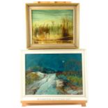 Two, 20th century, British, oil on boards, 'Reeds and Water' and 'Lytham in Winter'