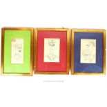 A set of three, gilt-framed, vintage, pencil studies of Hitler, Mussolini, Hirohito