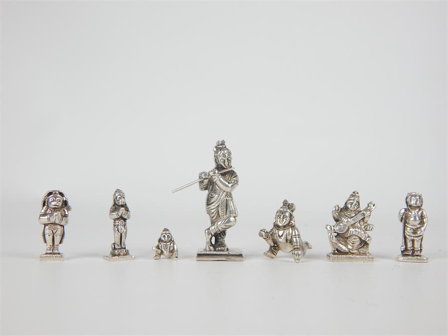 Seven Indian, 19th century miniature Solid-Cast Silver Deities