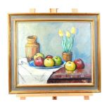 Artist 'T. N', oil on board, Swedish School, 20th century, Still life of apples and tulips