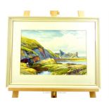 An Art Deco watercolour of a Cornish coastal scene with castle in background