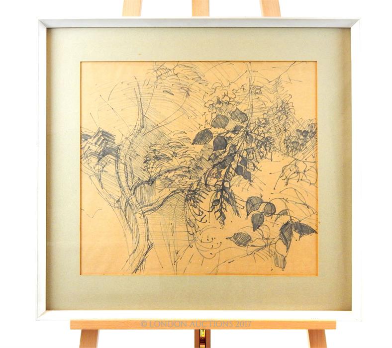 A 20th century, ink on card study of branches and leaves; unsigned; sight size 46cm x 61cm.