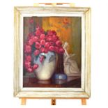 Unsigned, 20th century, Oil on board, Still life of vase of roses with statue