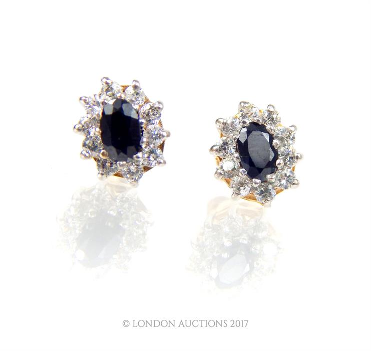 A pair of 9 ct yellow gold, blue and white sapphire cluster stud earrings - Image 2 of 2