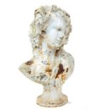 A Victorian cast iron portrait bust of a lady with vines in her hair, white painted and distressed