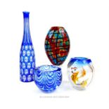 Four items of vintage, hand-blown, glass ware (including Murano and Bohemian glass)
