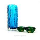A trio of colourful, 1960's glassware to include a fine, Whitefriars, turquoise, textured vase