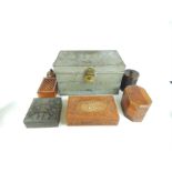 A collection of boxes including a Bulpitt & Sons of Birmingham metal safe box