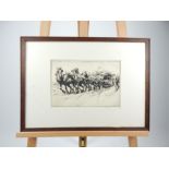 An etching depicting horses pulling a cart containing tree trunks