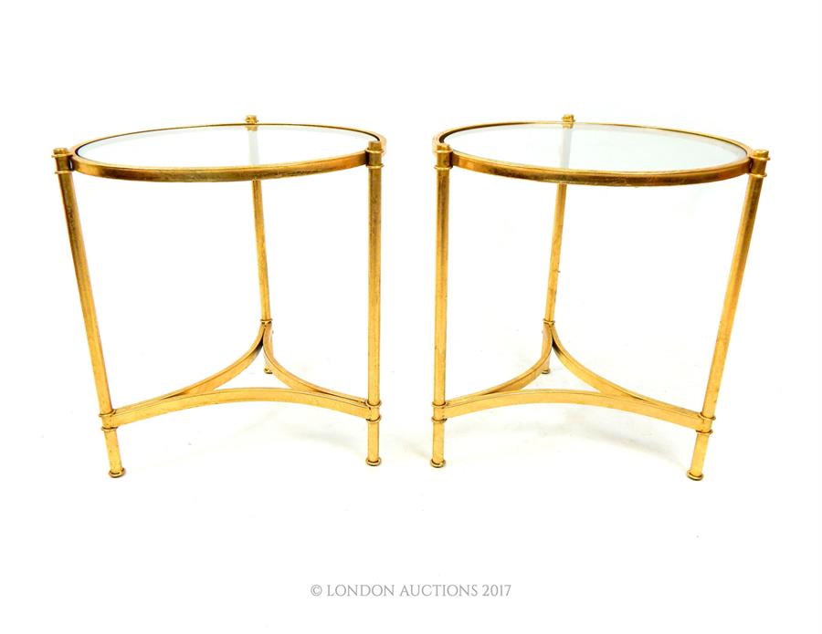 A pair of gilt metal circular occasional low tables with plate glass tops - Image 2 of 2