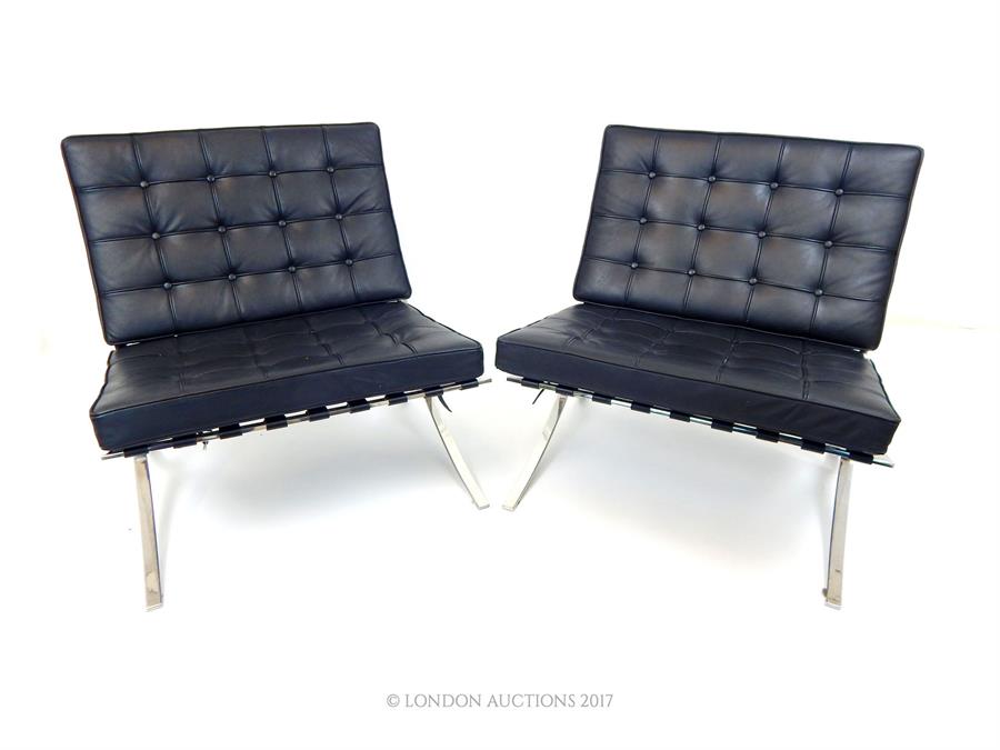 A pair of Barcelona style chairs, with buttoned black leather cushions - Image 2 of 2