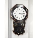 Victorian 8-day, papier mache wall clock (lacking cover to dial), with Roman numerals; 76cm long.