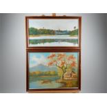 A Burmese oil on canvas painting of a body of water at Rangoon and a similar painting