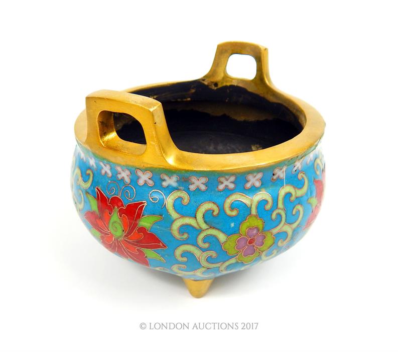 A Chinese twin handled cloisonne and gilt brass censer - Image 2 of 3