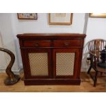 A converted bookcase cupboard base with two drawers above cupboard section with brass mesh inserts