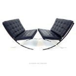 A pair of Barcelona style chairs, with buttoned black leather cushions