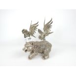 A set of three, Chinese, white metal sculptures to include a bear and two cockerels