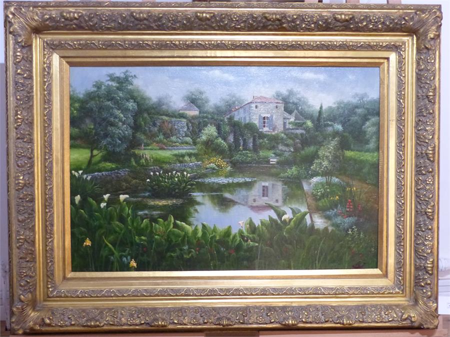 An oil on board depicting a country garden, sight size 59.5 x 90cm, in a heavy gilt frame