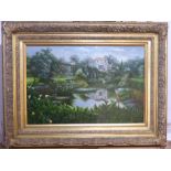 An oil on board depicting a country garden, sight size 59.5 x 90cm, in a heavy gilt frame