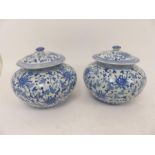 A pair of Chinese blue and white jars with covers