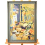 A 20th century, oil on canvas of a greengrocers shop front; sight size 58cm x 39.5cm.