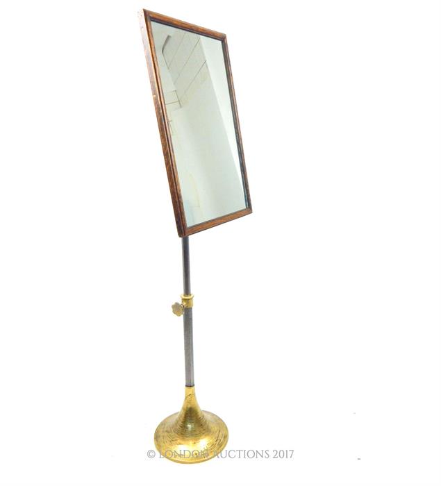 An extendable, Edwardian, oak, steel and brass standing mirror