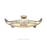 A Victorian HM silver inkwell stand of delicate design together with a glass ink pot with silver